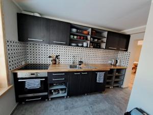 ZELTA KROGS的厨房配有黑色橱柜和水槽