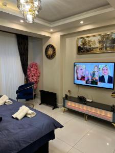 伊斯坦布尔Deluxe suite golden horn的卧室设有壁挂式电视和床。