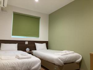小樽RJ HOTELS OTARU的绿墙客房的两张床
