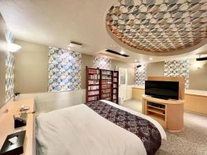 武雄市SKY Lmine Takeo LOVEHOTEL的一间卧室配有一张床和一台平面电视