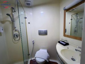 日惹日惹考德迭拉卡德迪卡黛维酒店的带淋浴、卫生间和盥洗盆的浴室