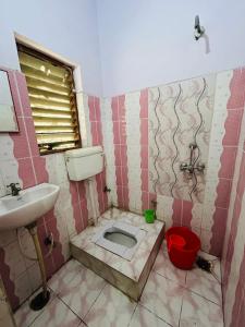 瓦拉纳西Satsang Lodge的一间带卫生间和水槽的肮脏浴室