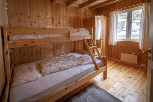 索尔瓦根Explorers Cabin Lofoten Edge的小屋内设有一间带两张双层床的卧室