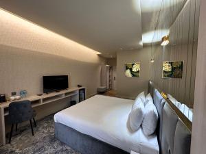 塔拉兹Barhat Resort的酒店客房配有一张床和一张书桌及一台电视