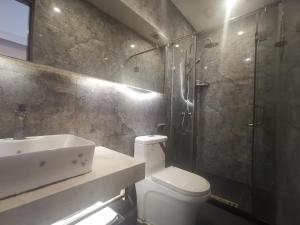 北京北京天坛惠庆园酒店的浴室配有卫生间、盥洗盆和淋浴。