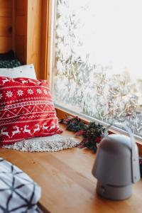 戈雷尼斯卡地区采尔克列Med smrekami - Studio apartment with Chalet, Sauna and Jacuzzi的红色枕头坐在窗户旁的木地板上