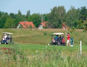 格赫伦-莱宾Ferienhaus Fleesensee的一群人在高尔夫球场打高尔夫