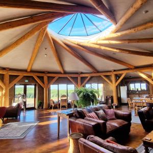 多尼戈尔Lough Mardal Lodge的客厅设有木梁天花板