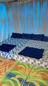苏丹巴特利Lotus Jewel Forest Camping的帐篷内的一张床铺,上面有蓝色枕头