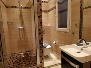 鲁昂Appartement centre ville的带淋浴、盥洗盆和卫生间的浴室