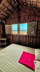 卡波德拉维拉El Viejo Moi Hospedaje & Restaurante的小屋内的卧室配有一张床,设有2个窗户