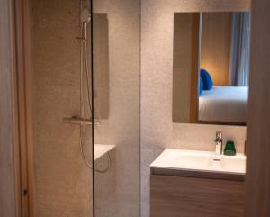埃尔塔特ISARD RESIDENCES & SPA by Elegant Residences的带淋浴、盥洗盆和镜子的浴室