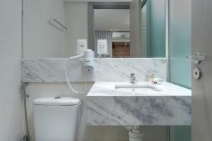 马塞约Vistamar Hotel的一间带水槽、卫生间和镜子的浴室