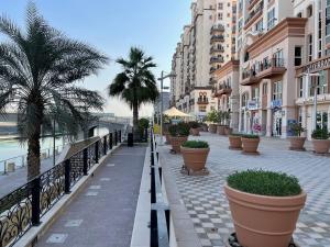 迪拜Great view, Dubai SportCity, parking included, nice Apartments的一条拥有棕榈树和建筑的城市街道