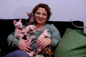 马德里Casa de Ciss的坐在沙发上拿着一群小猫的女人