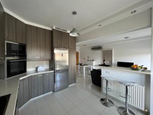 尼科西亚Majestic Boutique Apartment/2BR的厨房配有不锈钢用具和木柜