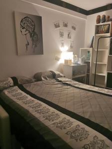 尼斯CHAMBRE CHEZ L'HABITANT - ROOM IN THE OWNER'S APARTMENT的卧室配有一张墙上设计的床。