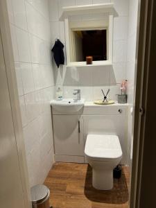 爱丁堡Edinburgh TWO BEDROOM apartment with free side street parking 24 hours的白色的浴室设有卫生间和水槽。