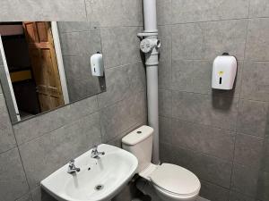 泰恩河畔纽卡斯尔Heroesbunkz的一间带卫生间、水槽和镜子的浴室