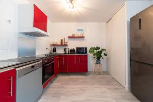 芒通Appartement cosy au centre ville de Menton的一间带红色橱柜和冰箱的厨房