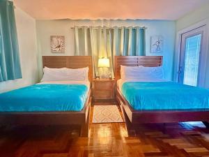 迈阿密海滩Blue House Miami的卧室设有两张床,拥有蓝色的墙壁和木地板