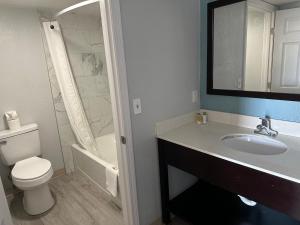 弗雷斯诺Siesta Inn的浴室配有卫生间、盥洗盆和淋浴。