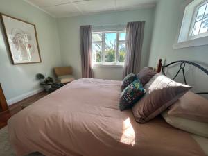 PukenuiGreen Turtle Cottage的卧室配有带枕头的床铺和窗户。