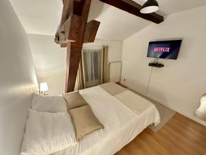 布隆Spacieux & Charmant 2 chambres - Lyon Bron Eurexpo的卧室配有白色的床和电视。