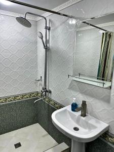 撒马尔罕Aisha Guest House的一间带水槽和镜子的浴室