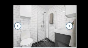 特隆赫姆Sentral leilighet的白色的浴室设有卫生间和水槽。