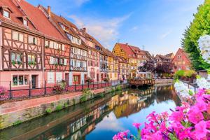 奥斯特瓦尔德Le gîte de l ill proche Strasbourg的河边一排有粉红色花卉的建筑物