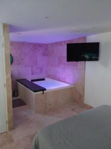 拉西约塔Chalet détente proche plage的一间设有浴缸的客房,墙上配有电视