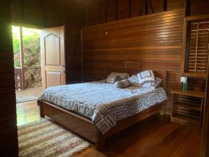 巴斯蒂门多斯ECO House with Sea View的一间卧室设有一张床和木墙