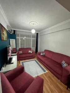 伊斯坦布尔Kadıköy Holiday Home的客厅配有2张红色沙发和电视