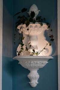 彼得罗波利斯Lofts Charmosos Palácio Quitandinha com Garagem的上面有植物的白色花瓶