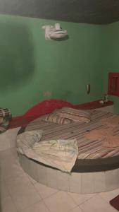 奥索里乌Motel Casarão的一张大床,位于一个绿色的墙壁内