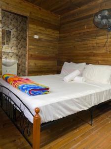 马太Camp Taveuni的木墙客房内的一张大床