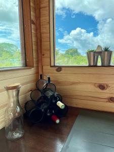 利富岛Ô Naturel Lodge Lifou的坐在窗户旁的一大堆葡萄酒瓶