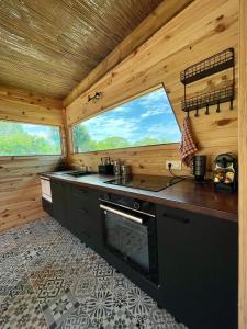 利富岛Ô Naturel Lodge Lifou的小木屋内的厨房,设有2扇窗户