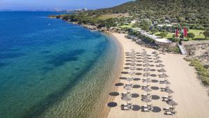 巴哈撒丁岛拉罗卡度假酒店及spa 的享有海滩的空中景致,配有椅子和遮阳伞