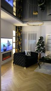 博茨科沃Aquarius Residence apartament 203的带沙发和电视的客厅以及圣诞树。
