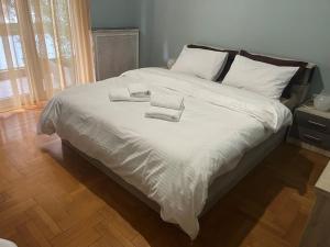 塞萨洛尼基Modern Home的一张白色的大床,带两条毛巾