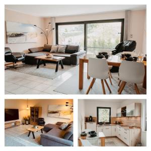 吕伯克Stylisches modernes Apartment, Sauna und Wellness Top Lage的一张沙发和一张桌子的客厅的两张照片