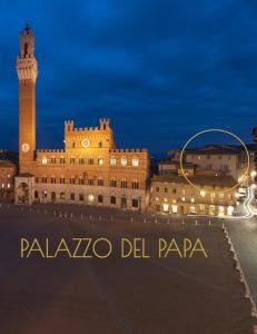 锡耶纳Palazzo del Papa的享有大楼的景色,在晚上设有钟楼