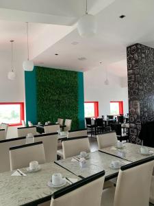 特尔马斯德里奥翁多Hotel internacional的一间带桌椅和绿色墙壁的用餐室