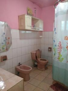 塔那那利佛Antsaly的粉红色的浴室设有卫生间和水槽