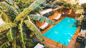 安塔利亚The Suite Apart Hotel的享有带椅子和棕榈树的游泳池的上方景色