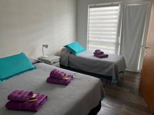 乌斯怀亚Hospedo 1的客房内的两张床,配有紫色毛巾