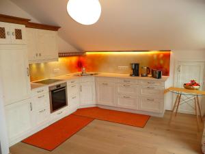 普夫龙滕Alpenstern Ferienwohnung的厨房配有白色橱柜和橙色地毯。