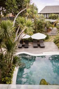 坎古Wave House - Surf Camp的一个带桌椅和棕榈树的游泳池